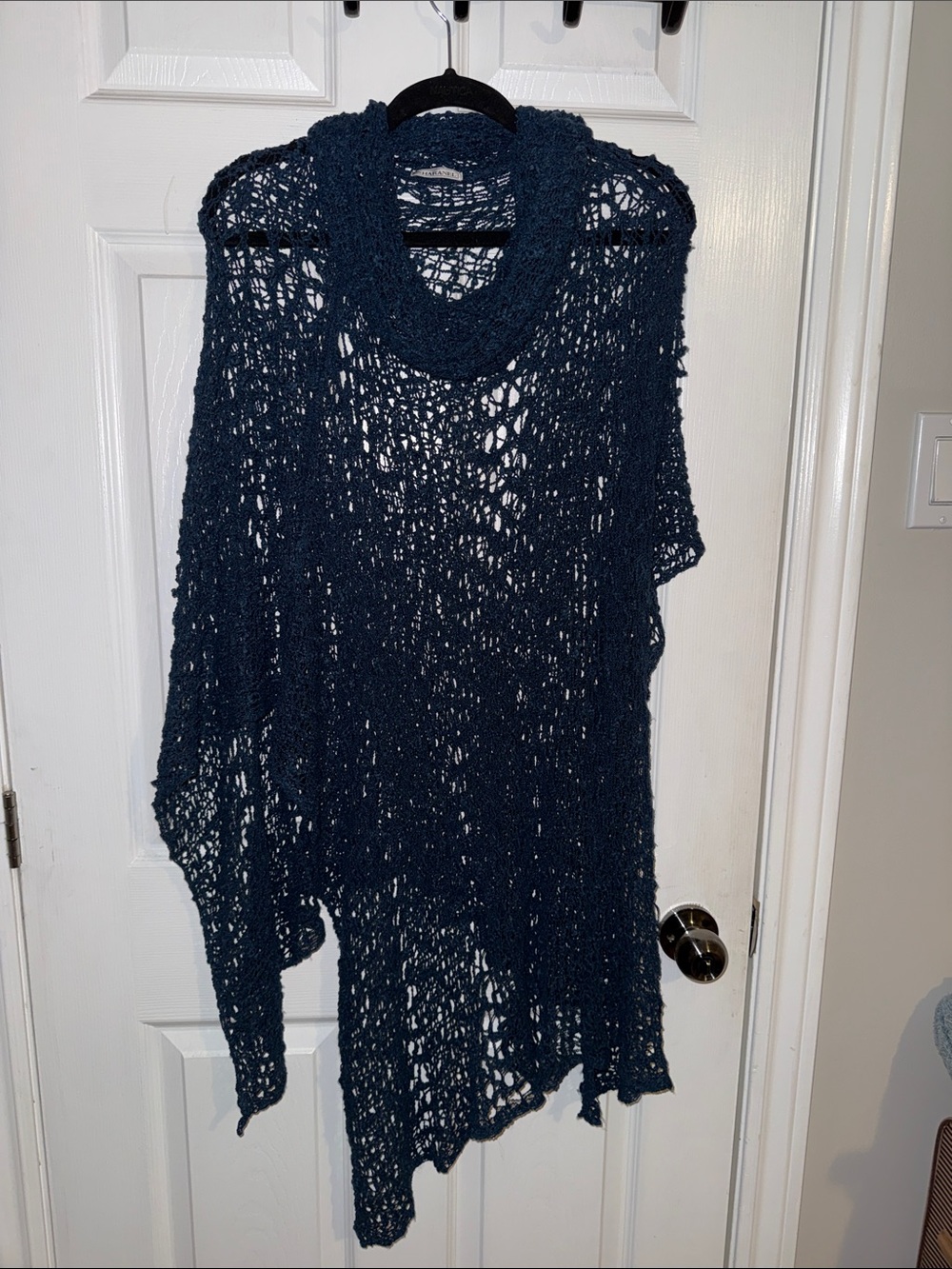 Open-Knit Cowl Neck Poncho in Deep Teal